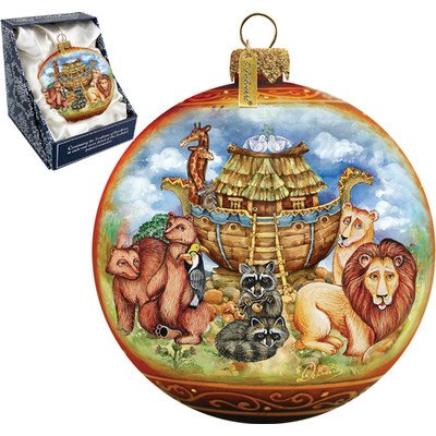 G. Debrekht Noah’s Ark Ball Ornament, Hand-Painted Glass, 3-Inch, Includes Satin Ribbon for Hanging