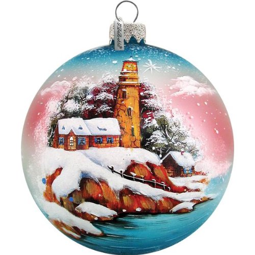 G. Debrekht Harbor Lighthouse Ball Ornament, Hand-Painted Glass, 3-1/2-Inch, Includes Ribbon for Hanging