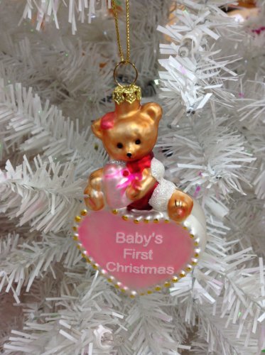 Baby’s First Christmas Girl Glass Ornament Bear with Heart – 2011