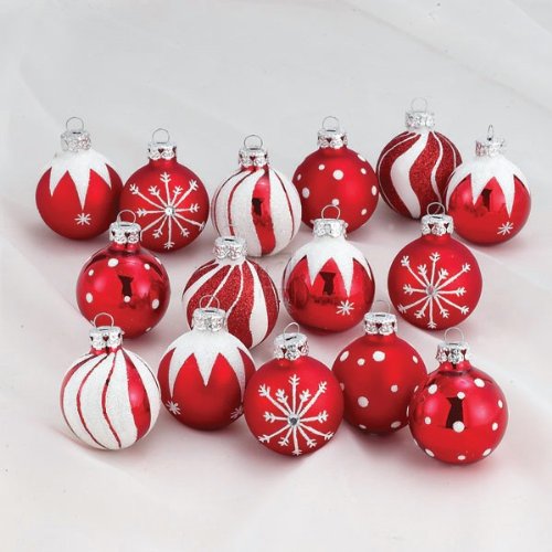 Medallion Collection Red With White Glitter Decorated Glass Ball Ornaments