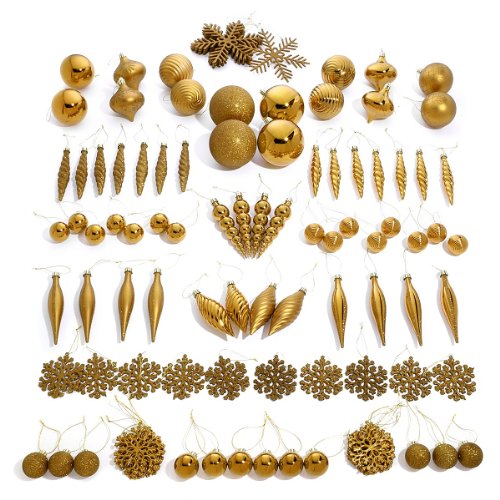 Winter Lane 101PC Assorted Decorative Christmas Shatter-Resistant Ornament Set (Gold)