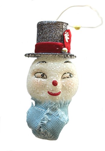 Mischievous Glittery Snowman Head Blown-Glass Ornament – Retro Look
