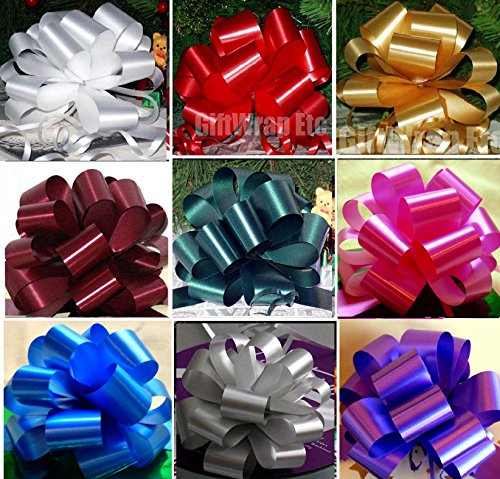 Christmas Gift Wrap Pull Bows – 5″ Wide, Set of 9, Red, Green, Blue, Gold, White, Silver