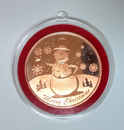 1 – Snowman Design Christmas Copper One Ounce Round with Tree Ornament Holder Copper Uncirculated