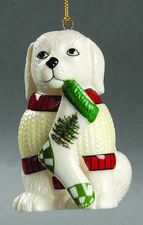 Spode Christmas Tree Ornament Puppy Dog with Christmas Stocking