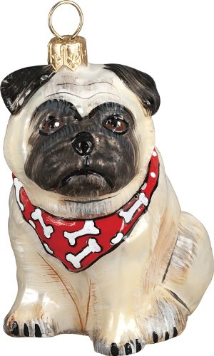 The Pet Set Blown Glass European Dog Ornament By Joy To The World Collectibles – Fawn Pug with Bandana