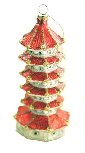 Hand-Painted 6-Tiered Red Pagoda Tower Ornament with Gold Glitter Embellishment