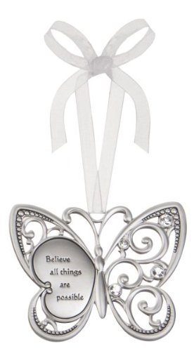 Believe All Things Are Possible Butterfly Silver & Crystal Filigree Ornament