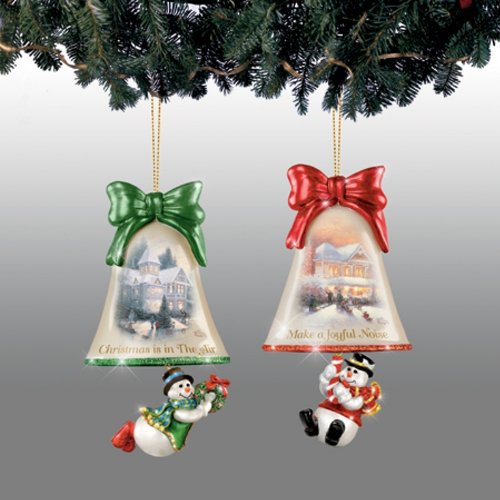 Thomas Kinkade Ringing in the Holidays Glass Bell and Snowmen Ornaments Issue 2 Set of 2