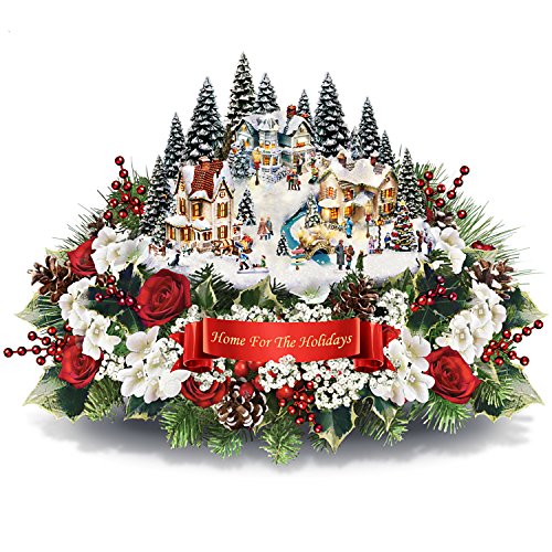 Thomas Kinkade Floral Centerpiece with Lighted Village Sculpture and Music by The Bradford Exchange