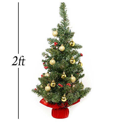 2′ Battery Operated Tabletop Christmas Tree with Red Berries and Gold Ornaments