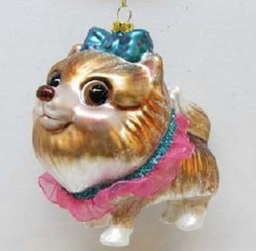 Pomeranian with Blue Bow Glass Dog Christmas Ornament