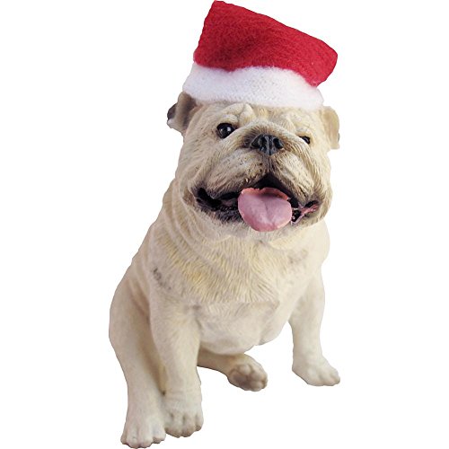 Sandicast White Bulldog with Santa Hat Christmas Ornament