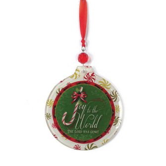 Joy to the World Candy Cane Glass Christmas Ornament