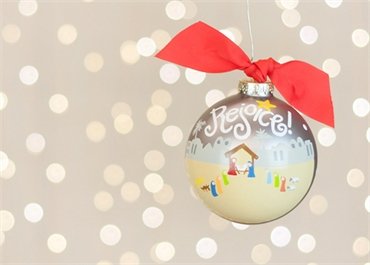 Coton Colors Painted Christmas Ornaments. The 100mm Round Glass Rejoice Nativity Ornament Is Designed with the Legendary Birth of Christ and Features Artistic Writing.