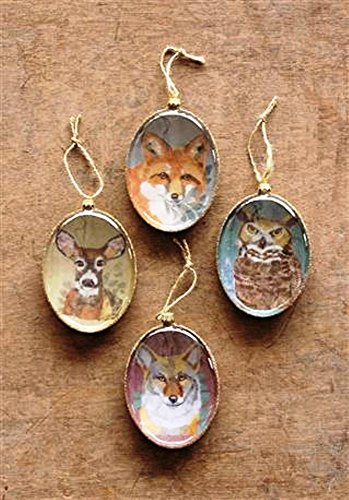 Creative Co-Op Camp Christmas Glass Ornament With Animal Image, Set of 4