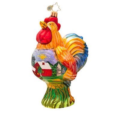 Christopher Radko Barnyard Burner Rooster Glass Christmas Ornament 2014