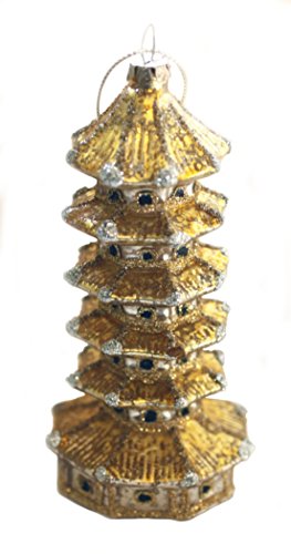 6-Tiered Gold Pagoda Tower Blown-Glass Ornament with Gold Glitter Embellishment