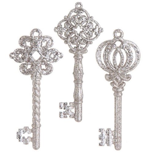 RAZ Imports – Silver Glittered Key Ornaments 6.5″ – Set of 3