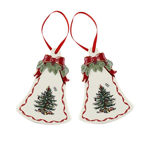 Spode Christmas Tree Bell Shaped Ornaments, Gold Ribbons, Set of 2