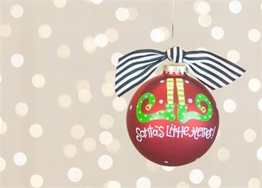 Coton Colors Painted Christmas Ornaments. The 100mm Round Glass Santas Little Helper Ornament Is Designed with Bell-tipped Elf Shoes Accented By a Dot Pattern and Artistic Writing on the Back.
