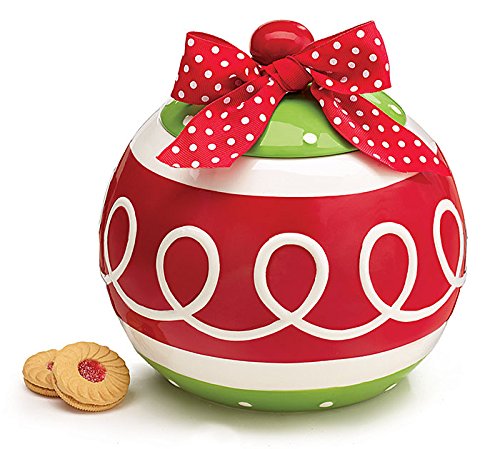 Christmas Ornament Cookie Jar with Red Polka Dot Bow for Festive Holiday Storage