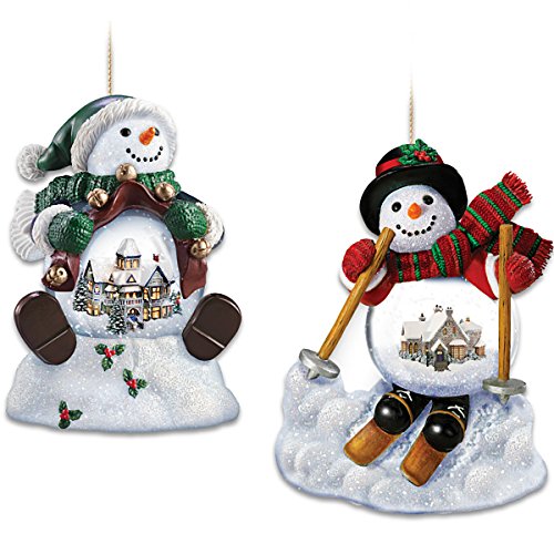 Thomas Kinkade Holiday Scene Snowman Snowglobe Ornament Set by The Bradford Exchange