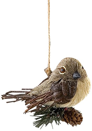 Sage & Co. XAO14374GY Sisal Bird with Pine Ornament, 5.5-Inch