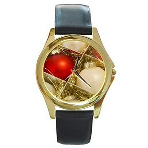 CDG682 Red White and Green Christmas Ornaments in Box Gold Watch Black Leather