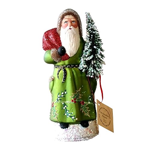 Alexander Taron Home Seasonal Décorative Accessories Schaller – Green Coat Santa Claus With Tree – 8″H x 3.5″W x 3″D