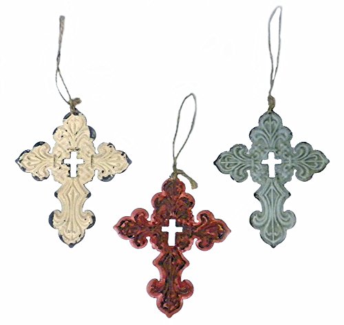 Shabby Chic Fleur De Lis Cross Christmas Tree Ornaments-Set of 3