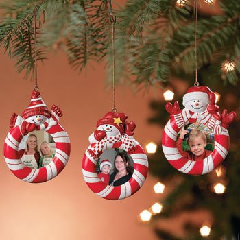 Set of 3 Peppermint Candy Red White Striped Snowman Christmas Tree Photo Picture Frame Ornaments