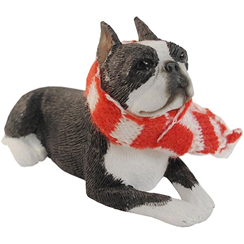 Sandicast Boston Terrier with Red and White Scarf Christmas Ornament