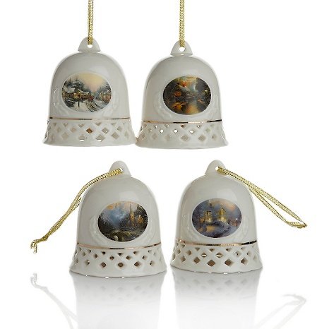 4 THOMAS KINKADE Village Christmas CERAMIC Chapel+ BELL ORNAMENTS