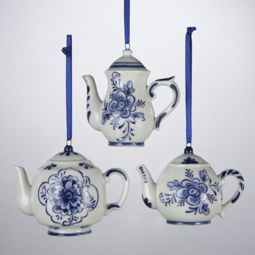 Kurt Adler 2-3″ Porcelain Delft Blue Teapot Ornament Set of 3