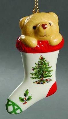 Spode Christmas Tree Teddy Bear in Stocking Ornament