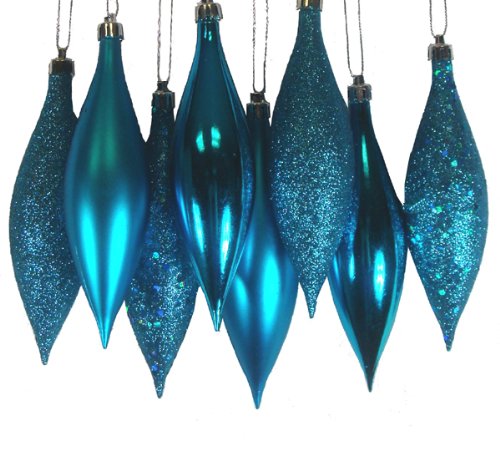 8ct Turquoise Blue Shatterproof 4-Finish Finial Drop Christmas Ornaments 5.5″