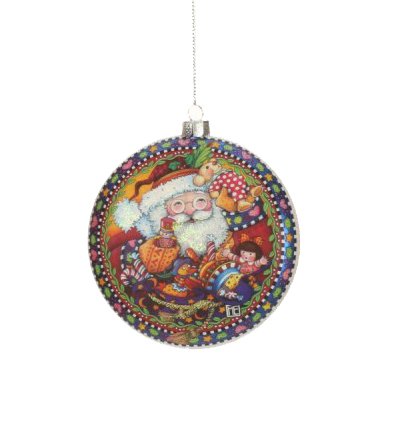 4″ Mary Engelbreit Santa Claus Toy Shop Glass Christmas Disc Ornament