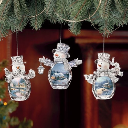 Thomas Kinkade Crystal Snowmen Ornament Issue #1 – Set of 3 – Illuminates by Tree Light Bulb