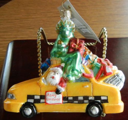 New York City Yellow Cab with Santa, Statue of Liberty & Presents! “Take me to 25th” Hand Blown Glass Ornament from Poland! New in Exquisite Gift Box!