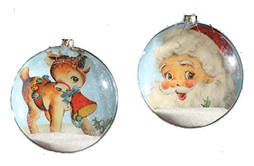 Bethany Lowe Christmas Retro Santa and Reindeer Large Glass Ornaments