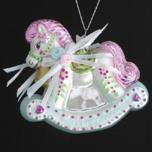 3.75″ NOBLE GEMS GLASS BABY’S FIRST CHRISTMAS ROCKING HORSE Christmas Tree Ornament