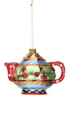 4.5″ Mary Engelbreit Striped Holly Berry Tea Pot Decorative Glass Christmas Ornament