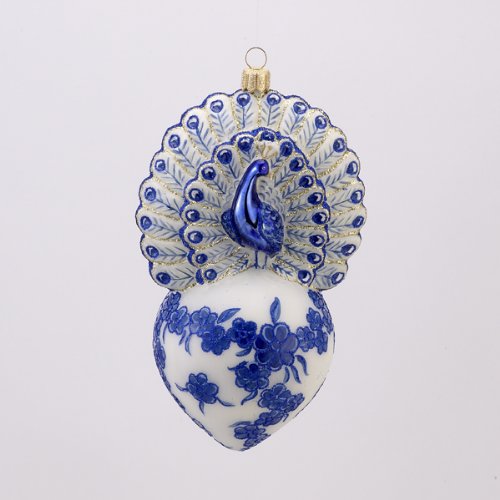 David Strand Kurt Adler Glass Proud Peacock Delft Blue Ornament, 6.5-Inch