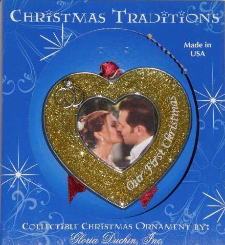 Our First Christmas Heart Shaped Gold Wedding Photo Ornament