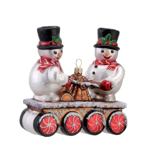 David Strand Kurt Adler Glass Snowmen on Track Cherry Mint Ornament, 4.9-Inch