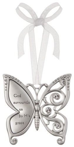 God Surrounds Us By His Grace Butterfly Silver & Crystal Filigree Ornament