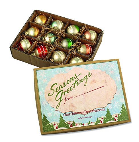 SET OF 12 VINTAGE STRIPED CHRISTMAS ORNAMENTS IN A KRAFT BOX * Magnificent Set of 1 1/4″ vintage striped ornaments in a variety of attractive colors* Ornaments come in an idyllically designed antique themed kraft box featuring a charming winter scene* A stunning addition to your Christmas Tree ornaments and holiday decorations * A wonderful Christmas Gift * Bring back your favorite memories of your Christmas with the great vintage designed ornaments * Old Fashioned look and feel *