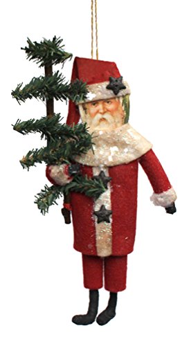 Primitives by Kathy, Jenn Steffa Red Felt Printed 11-inch Vintage Santa with Tree Christmas Ornament