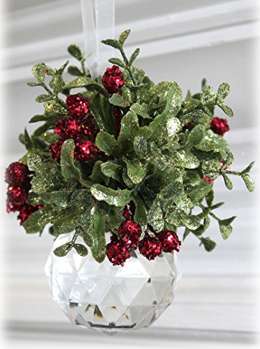 Glittery Hanging Christmas Mistletoe on Faceted Acrylic Prism Ornament – Round Facet